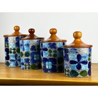 Set Von 4 Vorratsdosen - Eduardo Vega Pottery Handbemalte Keramik, Cuenca, Ecuador Dosen Signiert von FrauVaseDesigns