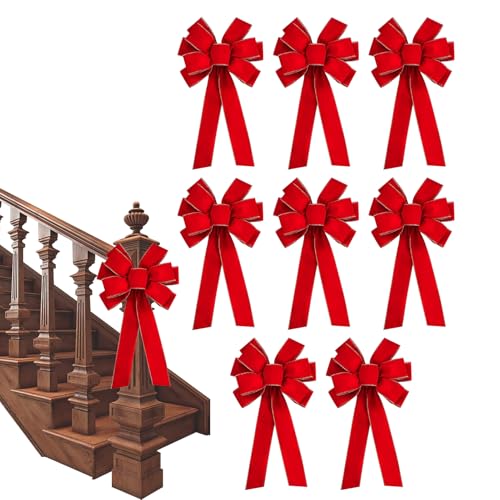 Fravsiu Weihnachtsbaum Schleifen | Rote Samtschleife Christbaumschmuck Spitze,8-teiliger Weihnachtsschmuck für Fensterbank Garten Terrasse Wohnzimmer Kamin von Fravsiu