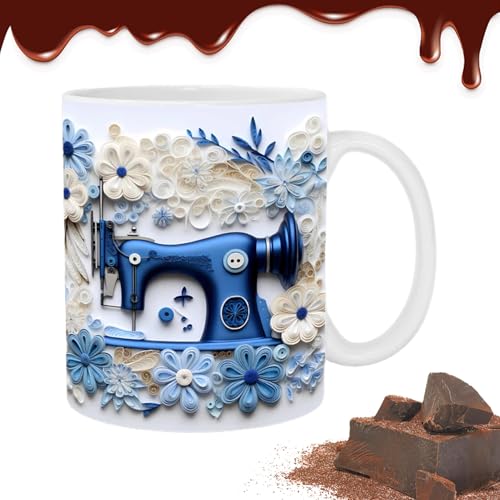 Quilterinnen Kaffeetasse | Florale Nähmaschine flach bedruckte Kaffeetassen,Kaffee-Latte-Tasse mit Blumenmuster, dekorative Wasserbecher, Geschenk für Damen und Herren von Fravsiu