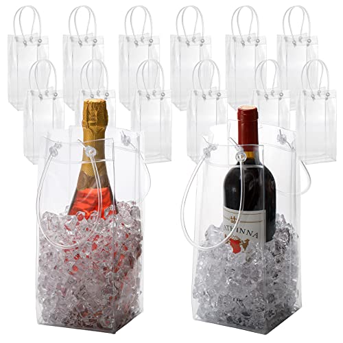 Frcctre 12 Stück Eisweinbeutel, tragbare, faltbare PVC-Weinbeutel, Kühltaschen mit Griff, transparente Weinflaschen-Tasche für Champagner, kaltes Bier, Weißwein, gekühlte Getränke von Frcctre
