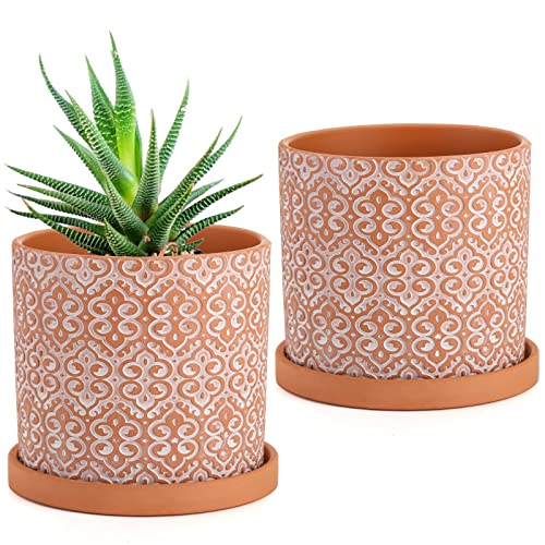 Frcctre 2er Set Terrakotta Töpfe für Pflanzen, 13 cm, Sukkulenten-Übertopf mit Drainageloch und Untersetzer, Tontöpfe für Zimmerpflanzen, Kakteen, Sukkulenten, Kräuter von Frcctre