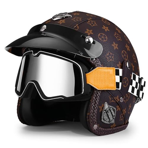 Frcychri 3/4 Rollerhelm Retro Motorrad Helm, Jethelm Mit Doppelbrille Komfortfutter, ECE Zertifizierung, Für Männer Und Frauen 4,X-Large von Frcychri
