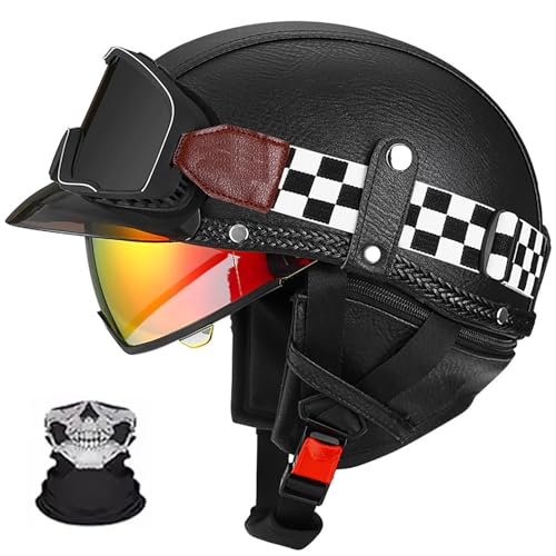 Frcychri Retro Motorrad Halbhelme Leder Halbhelm, ECE-Geprüft Männer Frauen Halbschalenhelme Mit Schutzbrille Und Visier, Deutscher Stil Roller Cruiser Anti-Collision Helm C,L von Frcychri