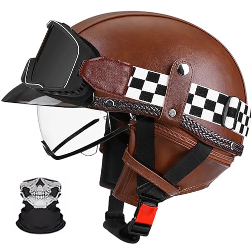 Frcychri Retro Motorrad Halbhelme Leder Halbhelm, ECE-Geprüft Männer Frauen Halbschalenhelme Mit Schutzbrille Und Visier, Deutscher Stil Roller Cruiser Anti-Collision Helm D,2XL von Frcychri