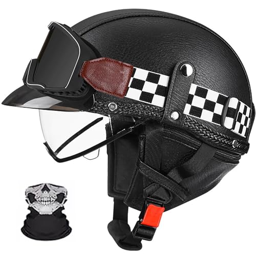 Frcychri Retro Motorrad Halbhelme Leder Halbhelm, ECE-Geprüft Männer Frauen Halbschalenhelme Mit Schutzbrille Und Visier, Deutscher Stil Roller Cruiser Anti-Collision Helm F,XL von Frcychri