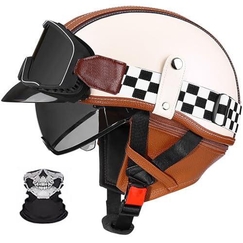 Frcychri Retro Motorrad Halbhelme Leder Halbhelm, ECE-Geprüft Männer Frauen Halbschalenhelme Mit Schutzbrille Und Visier, Deutscher Stil Roller Cruiser Anti-Collision Helm Q,XL von Frcychri