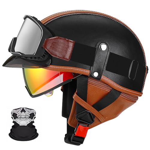 Frcychri Retro Motorrad Halbhelme Leder Halbhelm, ECE-Geprüft Männer Frauen Halbschalenhelme Mit Schutzbrille Und Visier, Deutscher Stil Roller Cruiser Anti-Collision Helm T,L Frcychri Retro Motorrad Halbhelme Leder Halbhelm, ECE-Geprüft Männer Frauen Halbschalenhelme Mit Schutzbrille Und Visier, Deutscher Stil Roller Cruiser Anti-Collision Helm T,L von Frcychri