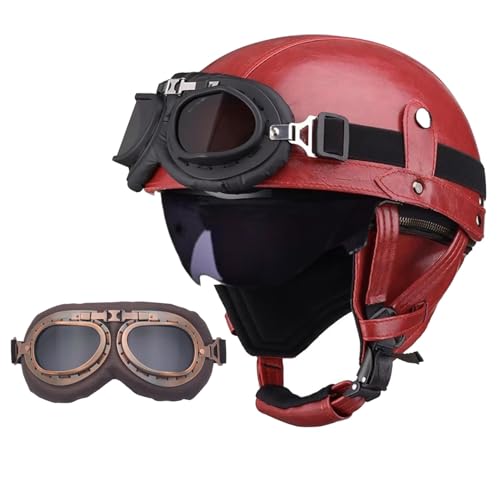 Frcychri Retro Motorrad Halbhelme Leder Halbhelm, Halbschalenhelm Mit ECE, Deutscher Leder-Motorrad Halbhelm Mit Schutzbrille Visier, Für Moped Fahrrad Cruiser Scooter Chopper I,M (57-58CM) von Frcychri