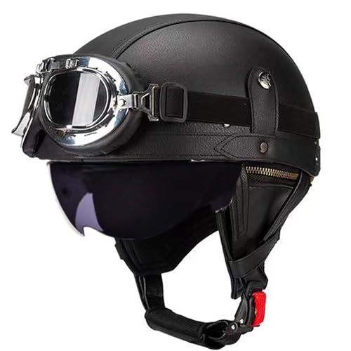 Frcychri Retro Motorrad Halbhelme Leder Halbhelm, Halbschalenhelm Mit ECE, Deutscher Leder-Motorrad Halbhelm Mit Schutzbrille Visier, Für Moped Fahrrad Cruiser Scooter Chopper J,M (57-58CM) von Frcychri