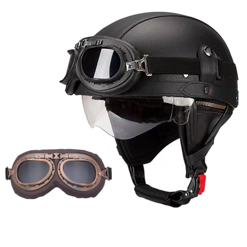 Frcychri Retro Motorrad Halbhelme Leder Halbhelm, Halbschalenhelm Mit ECE, Deutscher Leder-Motorrad Halbhelm Mit Schutzbrille Visier, Für Moped Fahrrad Cruiser Scooter Chopper L,M (57-58CM) von Frcychri