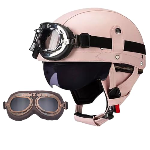 Frcychri Retro Motorrad Halbhelme Leder Halbhelm, Halbschalenhelm Mit ECE, Deutscher Leder-Motorrad Halbhelm Mit Schutzbrille Visier, Für Moped Fahrrad Cruiser Scooter Chopper P,L (59-60CM) von Frcychri