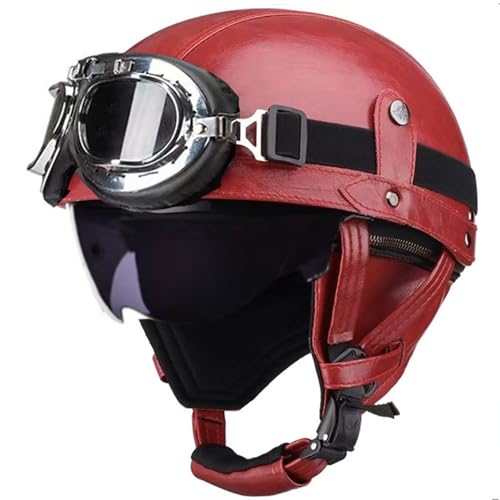 Frcychri Retro Motorrad Halbhelme Leder Halbhelm, Halbschalenhelm Mit ECE, Deutscher Leder-Motorrad Halbhelm Mit Schutzbrille Visier, Für Moped Fahrrad Cruiser Scooter Chopper V,M (57-58CM) von Frcychri