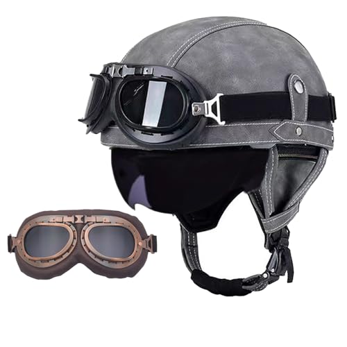 Frcychri Retro Motorrad Halbhelme Leder Halbhelm, Halbschalenhelm Mit ECE, Deutscher Leder-Motorrad Halbhelm Mit Schutzbrille Visier, Für Moped Fahrrad Cruiser Scooter Chopper X,S (55-56CM) von Frcychri