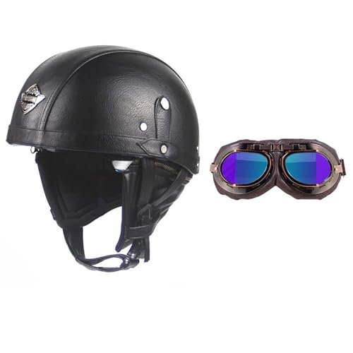 Frcychri Retro Motorrad Halbhelme Leder Halbhelm, Mit Schutzbrille Visier, ECE Zertifiziert Roller-Helm Scooter, Für Moped Fahrrad Cruiser Scooter Chopper 2,M (57-58CM) von Frcychri