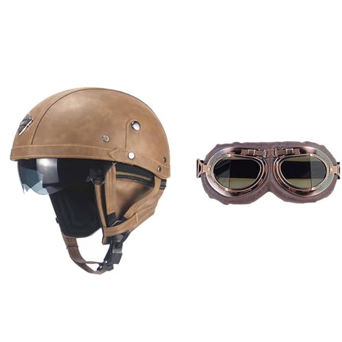 Frcychri Retro Motorrad Halbhelme Leder Halbhelm, Mit Schutzbrille Visier, ECE Zertifiziert Roller-Helm Scooter, Für Moped Fahrrad Cruiser Scooter Chopper 6,S (55-56CM) von Frcychri