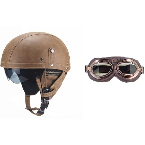 Frcychri Retro Motorrad Halbhelme Leder Halbhelm, Mit Schutzbrille Visier, ECE Zertifiziert Roller-Helm Scooter, Für Moped Fahrrad Cruiser Scooter Chopper 7,M (57-58CM) von Frcychri