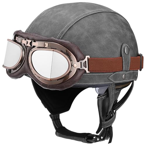 Frcychri Retro Motorrad Halbhelme Leder Halbhelm, Mit Schutzbrille Visier, ECE Zertifiziert Roller-Helm Scooter, Für Moped Fahrrad Cruiser Scooter Chopper A,L (59-60CM) von Frcychri