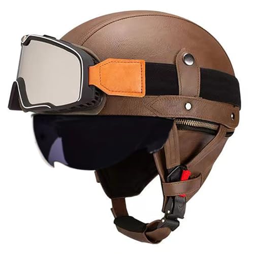 Frcychri Retro Motorrad Halbhelme Leder Halbhelm, Mit Schutzbrille Visier, ECE Zertifiziert Roller-Helm Scooter, Für Moped Fahrrad Cruiser Scooter Chopper A,M (57-58CM) von Frcychri
