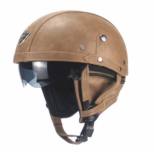 Frcychri Retro Motorrad Halbhelme Leder Halbhelm, Mit Schutzbrille Visier, ECE Zertifiziert Roller-Helm Scooter, Für Moped Fahrrad Cruiser Scooter Chopper B,S (55-56CM) von Frcychri