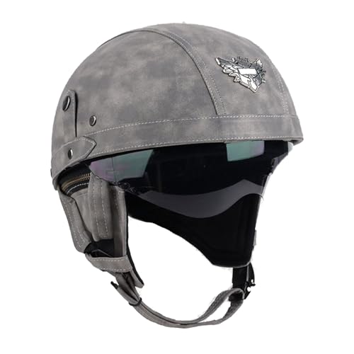 Frcychri Retro Motorrad Halbhelme Leder Halbhelm, Mit Schutzbrille Visier, ECE Zertifiziert Roller-Helm Scooter, Für Moped Fahrrad Cruiser Scooter Chopper C,L (59-60CM) von Frcychri
