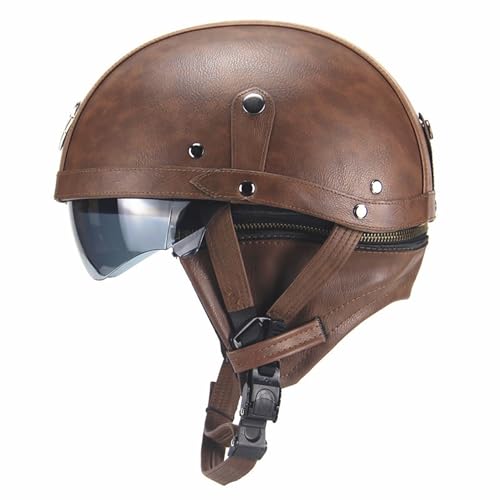 Frcychri Retro Motorrad Halbhelme Leder Halbhelm, Mit Schutzbrille Visier, ECE Zertifiziert Roller-Helm Scooter, Für Moped Fahrrad Cruiser Scooter Chopper E,L (59-60CM) von Frcychri