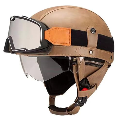 Frcychri Retro Motorrad Halbhelme Leder Halbhelm, Mit Schutzbrille Visier, ECE Zertifiziert Roller-Helm Scooter, Für Moped Fahrrad Cruiser Scooter Chopper E,M (57-58CM) von Frcychri