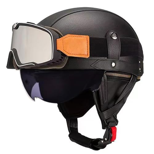 Frcychri Retro Motorrad Halbhelme Leder Halbhelm, Mit Schutzbrille Visier, ECE Zertifiziert Roller-Helm Scooter, Für Moped Fahrrad Cruiser Scooter Chopper G,M (57-58CM) von Frcychri