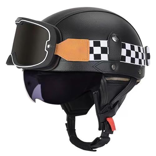 Frcychri Retro Motorrad Halbhelme Leder Halbhelm, Mit Schutzbrille Visier, ECE Zertifiziert Roller-Helm Scooter, Für Moped Fahrrad Cruiser Scooter Chopper H,M (57-58CM) von Frcychri
