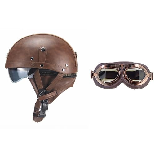 Frcychri Retro Motorrad Halbhelme Leder Halbhelm, Mit Schutzbrille Visier, ECE Zertifiziert Roller-Helm Scooter, Für Moped Fahrrad Cruiser Scooter Chopper I,M (57-58CM) von Frcychri