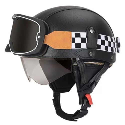 Frcychri Retro Motorrad Halbhelme Leder Halbhelm, Mit Schutzbrille Visier, ECE Zertifiziert Roller-Helm Scooter, Für Moped Fahrrad Cruiser Scooter Chopper J,M (57-58CM) von Frcychri