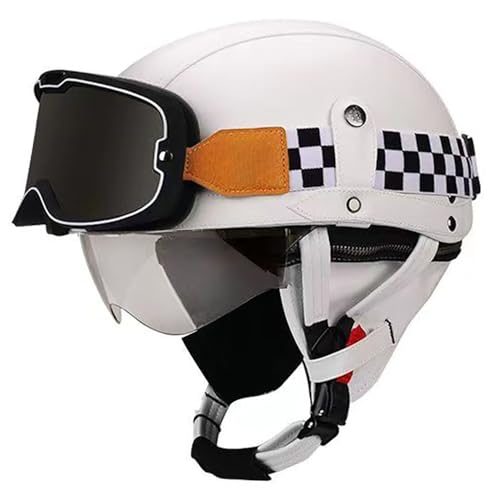 Frcychri Retro Motorrad Halbhelme Leder Halbhelm, Mit Schutzbrille Visier, ECE Zertifiziert Roller-Helm Scooter, Für Moped Fahrrad Cruiser Scooter Chopper M,L (59-60CM) von Frcychri