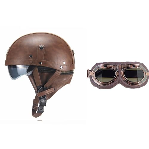 Frcychri Retro Motorrad Halbhelme Leder Halbhelm, Mit Schutzbrille Visier, ECE Zertifiziert Roller-Helm Scooter, Für Moped Fahrrad Cruiser Scooter Chopper M,XL (61-62CM) von Frcychri