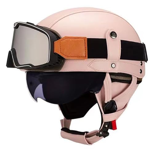 Frcychri Retro Motorrad Halbhelme Leder Halbhelm, Mit Schutzbrille Visier, ECE Zertifiziert Roller-Helm Scooter, Für Moped Fahrrad Cruiser Scooter Chopper N,S (55-56CM) von Frcychri