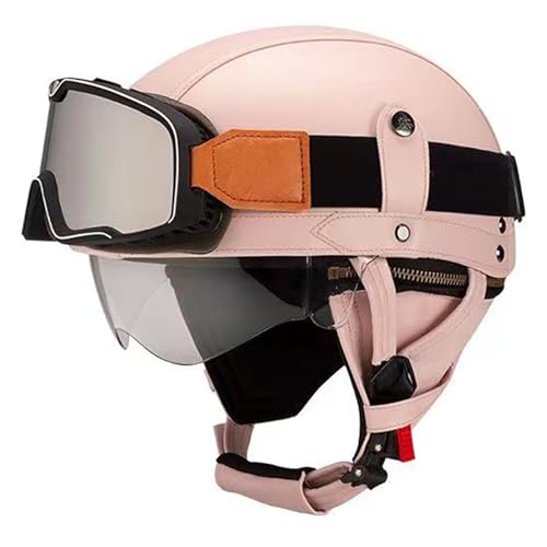 Frcychri Retro Motorrad Halbhelme Leder Halbhelm, Mit Schutzbrille Visier, ECE Zertifiziert Roller-Helm Scooter, Für Moped Fahrrad Cruiser Scooter Chopper O,L (59-60CM) von Frcychri