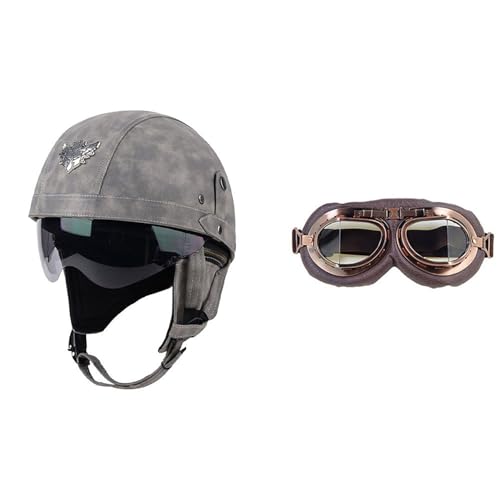 Frcychri Retro Motorrad Halbhelme Leder Halbhelm, Mit Schutzbrille Visier, ECE Zertifiziert Roller-Helm Scooter, Für Moped Fahrrad Cruiser Scooter Chopper O,XL (61-62CM) von Frcychri