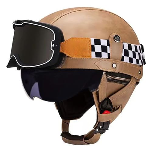 Frcychri Retro Motorrad Halbhelme Leder Halbhelm, Mit Schutzbrille Visier, ECE Zertifiziert Roller-Helm Scooter, Für Moped Fahrrad Cruiser Scooter Chopper P,S (55-56CM) von Frcychri