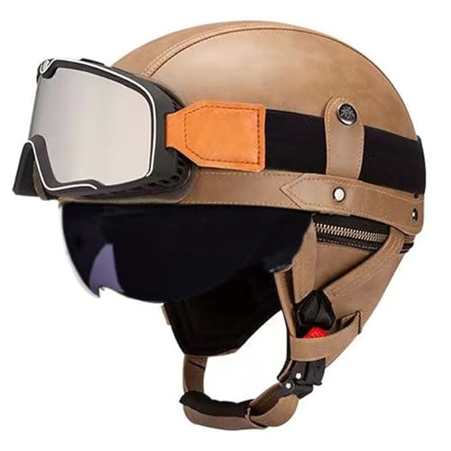 Frcychri Retro Motorrad Halbhelme Leder Halbhelm, Mit Schutzbrille Visier, ECE Zertifiziert Roller-Helm Scooter, Für Moped Fahrrad Cruiser Scooter Chopper Q,M (57-58CM) von Frcychri