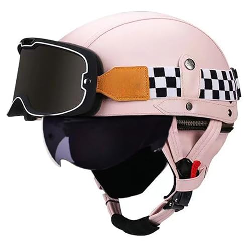 Frcychri Retro Motorrad Halbhelme Leder Halbhelm, Mit Schutzbrille Visier, ECE Zertifiziert Roller-Helm Scooter, Für Moped Fahrrad Cruiser Scooter Chopper R,S (55-56CM) von Frcychri