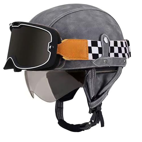 Frcychri Retro Motorrad Halbhelme Leder Halbhelm, Mit Schutzbrille Visier, ECE Zertifiziert Roller-Helm Scooter, Für Moped Fahrrad Cruiser Scooter Chopper U,S (55-56CM) von Frcychri