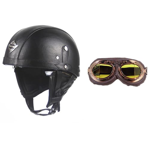 Frcychri Retro Motorrad Halbhelme Leder Halbhelm, Mit Schutzbrille Visier, ECE Zertifiziert Roller-Helm Scooter, Für Moped Fahrrad Cruiser Scooter Chopper V,M (57-58CM) von Frcychri
