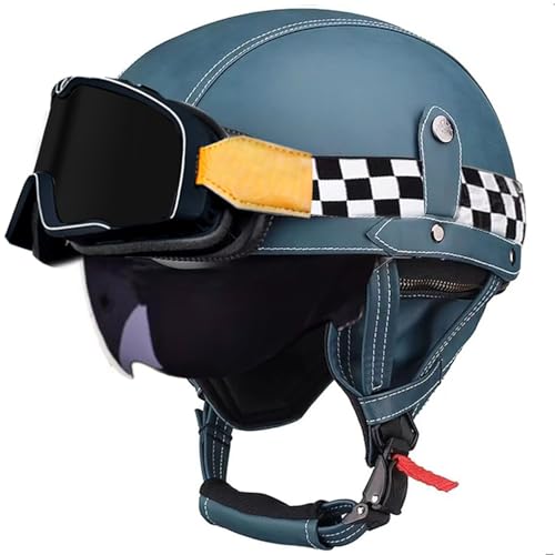 Frcychri Retro Motorrad Halbhelme Leder Halbhelm, Mit Schutzbrille Visier, ECE Zertifiziert Roller-Helm Scooter, Für Moped Fahrrad Cruiser Scooter Chopper W,L (59-60CM) von Frcychri
