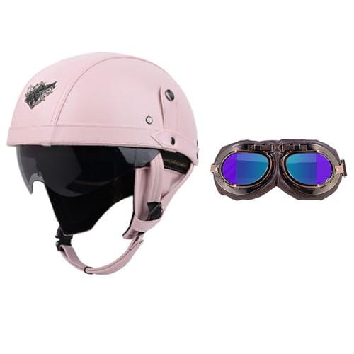 Frcychri Retro Motorrad Halbhelme Leder Halbhelm, Mit Schutzbrille Visier, ECE Zertifiziert Roller-Helm Scooter, Für Moped Fahrrad Cruiser Scooter Chopper X,S (55-56CM) von Frcychri