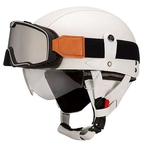 Frcychri Retro Motorrad Halbhelme Leder Halbhelm, Mit Schutzbrille Visier, ECE Zertifiziert Roller-Helm Scooter, Für Moped Fahrrad Cruiser Scooter Chopper Y,L (59-60CM) von Frcychri