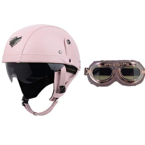Frcychri Retro Motorrad Halbhelme Leder Halbhelm, Mit Schutzbrille Visier, ECE Zertifiziert Roller-Helm Scooter, Für Moped Fahrrad Cruiser Scooter Chopper Y,XL (61-62CM) von Frcychri