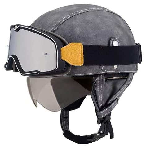 Frcychri Retro Motorrad Halbhelme Leder Halbhelm, Mit Schutzbrille Visier, ECE Zertifiziert Roller-Helm Scooter, Für Moped Fahrrad Cruiser Scooter Chopper Z,L (59-60CM) von Frcychri