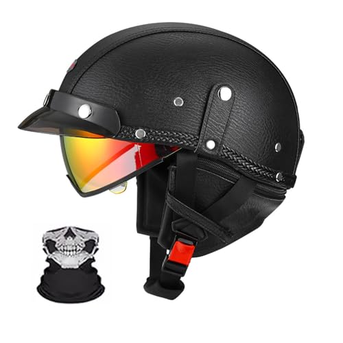 Halbschalenhelm, Retro Motorrad Helm, Scooter-Helm, Mit Sonnenblende Und Herausnehmbares Atmungsaktives Futte Halbschalenhelm Herren Mit ECE, Für Cruiser Chopper Biker A,XL (59-60) von Frcychri