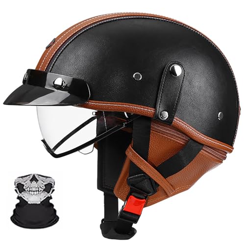 Halbschalenhelm, Retro Motorrad Helm, Scooter-Helm, Mit Sonnenblende Und Herausnehmbares Atmungsaktives Futte Halbschalenhelm Herren Mit ECE, Für Cruiser Chopper Biker E,XL (59-60) von Frcychri