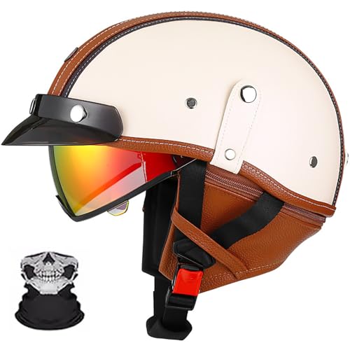 Halbschalenhelm, Retro Motorrad Helm, Scooter-Helm, Mit Sonnenblende Und Herausnehmbares Atmungsaktives Futte Halbschalenhelm Herren Mit ECE, Für Cruiser Chopper Biker F,M (55-56) von Frcychri