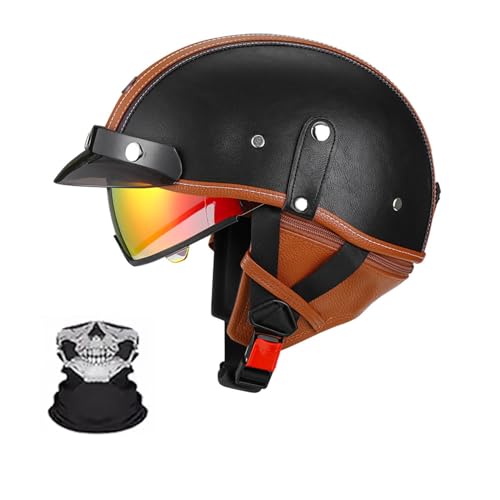 Halbschalenhelm, Retro Motorrad Helm, Scooter-Helm, Mit Sonnenblende Und Herausnehmbares Atmungsaktives Futte Halbschalenhelm Herren Mit ECE, Für Cruiser Chopper Biker G,XL (59-60) von Frcychri
