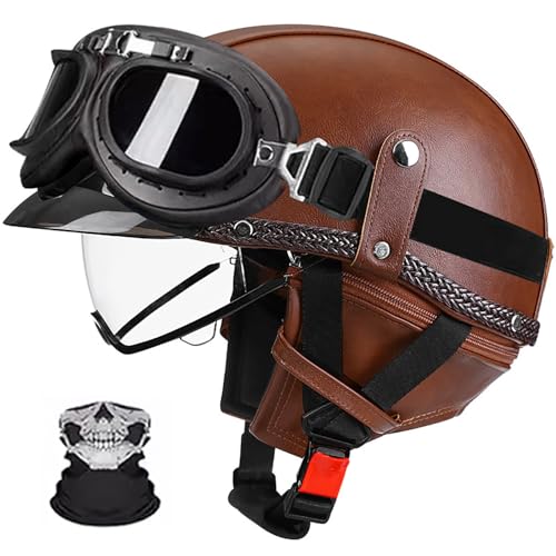 Halbschalenhelm, Retro Motorrad Helm, Scooter-Helm, Mit Sonnenblende Und Herausnehmbares Atmungsaktives Futte Halbschalenhelm Herren Mit ECE, Für Cruiser Chopper Biker J,L (57-58) von Frcychri